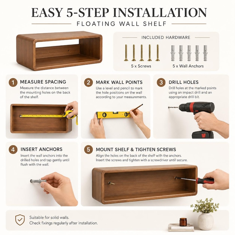 Puede incluir: Un estante flotante rectangular de madera con esquinas redondeadas, acompa&ntilde;ado de un gr&aacute;fico instructivo que detalla un proceso de instalaci&oacute;n de 5 pasos. La imagen muestra 5 tornillos, 5 tacos, una cinta m&eacute;trica, un nivel y un taladro.