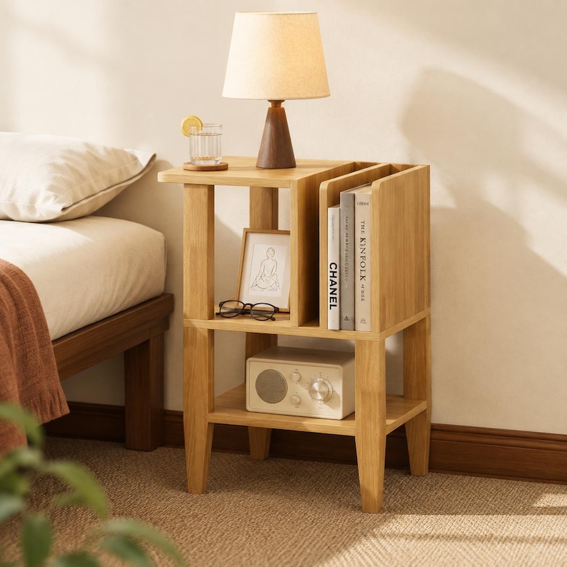 May include: A light wood bedside table with a top surface holding a lamp, a glass of water, a framed line drawing, and black glasses. The table features a vertical storage section for books and a lower shelf containing a white radio with knobs.
