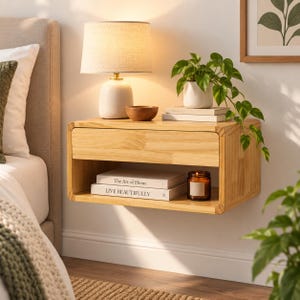 May include: A light-coloured wooden floating nightstand with a single drawer and an open shelf. The top surface holds a white ceramic table lamp, a small wooden bowl, and a potted plant. Two books titled The Art of Home and LIVE BEAUTIFULLY sit on the shelf.