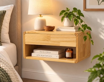 Puede incluir: Una mesita de noche flotante de madera clara con un cajón y un estante abierto. La superficie superior sostiene una lámpara de mesa de cerámica blanca, un cuenco de madera pequeño y una planta. Dos libros titulados The Art of Home y LIVE BEAUTIFULLY.