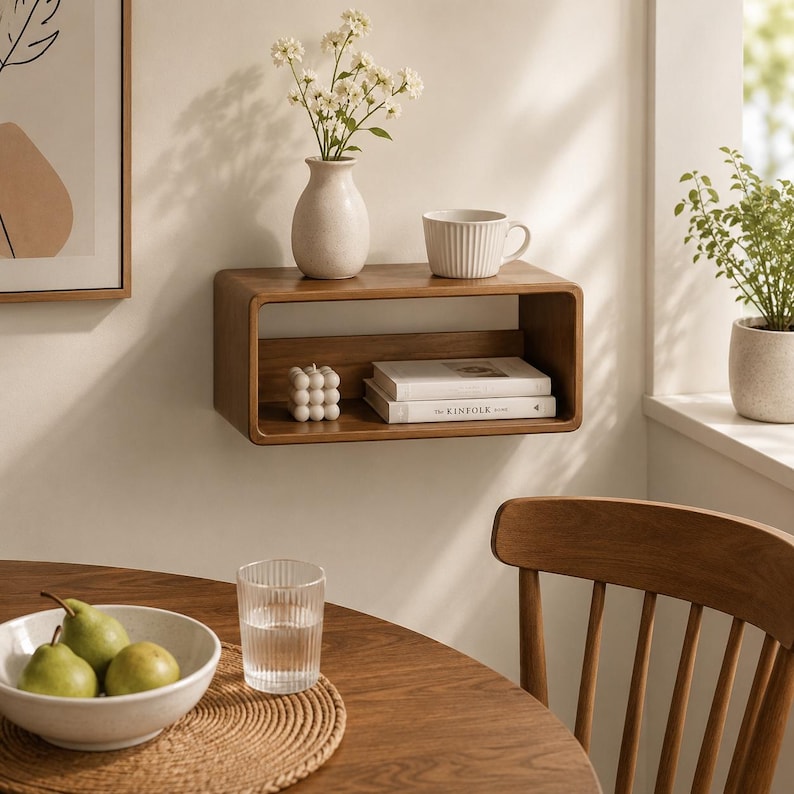 Puede incluir: Un estante de pared rectangular de madera con esquinas redondeadas y un centro hueco. Dentro del estante hay una vela de burbujas blanca y dos libros apilados, uno titulado The Kinfolk. Encima hay un jarr&oacute;n blanco con flores y una taza blanca acanalada.