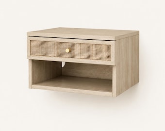 Floating Rattan Nightstand with Drawer, Light Oak Cane Bedside Table, Modern Storage Cubby