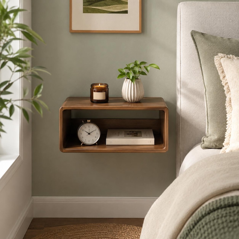 Puede incluir: Un estante flotante de madera rectangular montado en la pared con esquinas redondeadas. La superficie superior sostiene un frasco de vela de vidrio marr&oacute;n y un jarr&oacute;n de cer&aacute;mica blanca acanalada con una planta verde. El interior contiene un reloj.