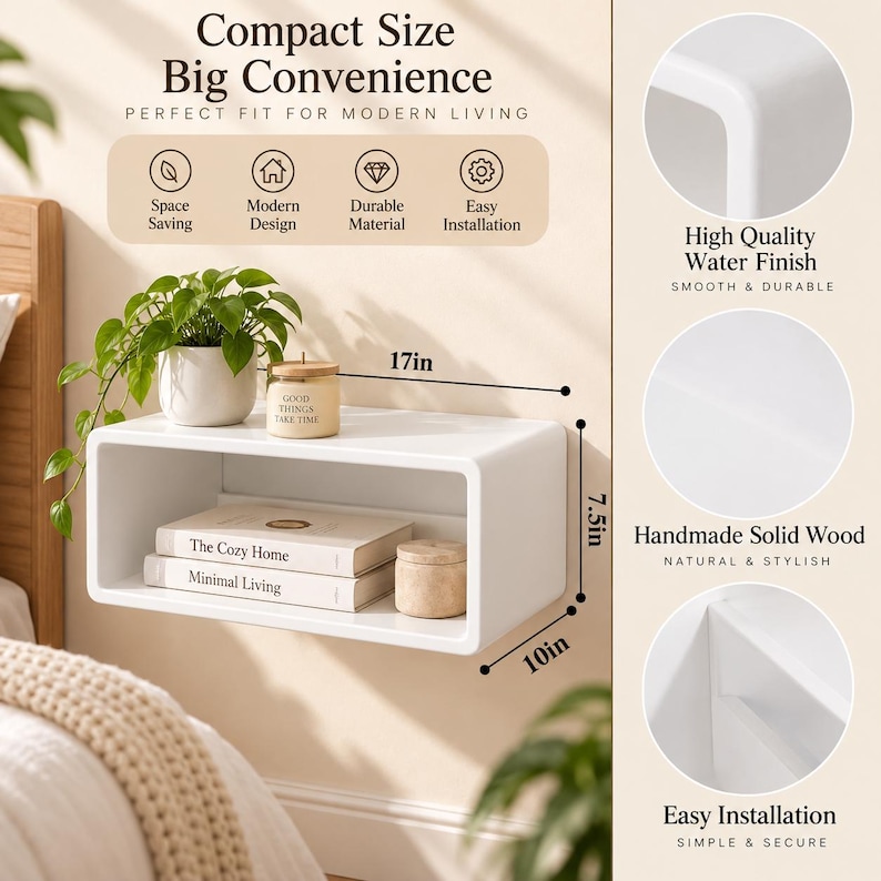 Puede incluir: Un estante de pared flotante rectangular blanco que mide 43,18 cm de ancho, 19,05 cm de alto y 25,4 cm de profundidad. El estante sostiene una planta verde, una vela con la etiqueta Good Things Take Time y dos libros, The Cozy Home y Minimal Living.