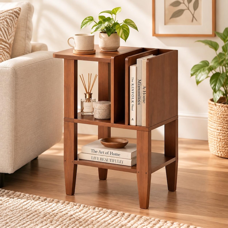 Solid Wood Nightstand, Bookshelf Storage, Modern Rustic Bedside Table (Small Space Furniture)