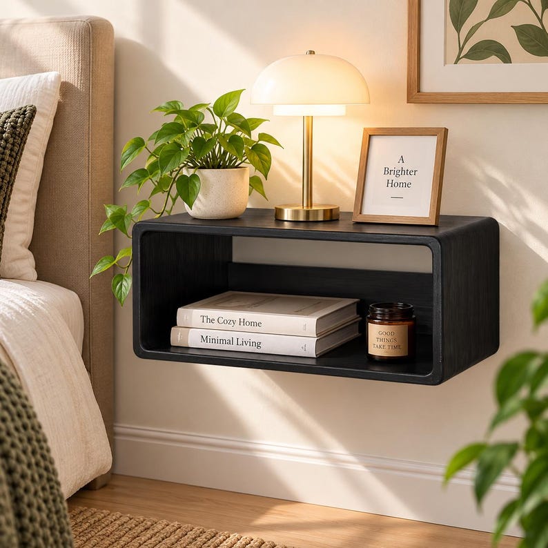 Puede incluir: Un estante de pared flotante rectangular negro con esquinas redondeadas. Encima hay una l&aacute;mpara blanca con base dorada, una planta verde en maceta y un marco con el texto A Brighter Home. Dentro del estante hay dos libros y una vela peque&ntilde;a.