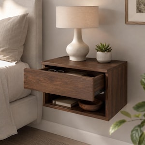 May include: A floating, dark brown wooden nightstand with an open drawer revealing eyeglasses and a book. A white lamp with a beige shade and a small potted succulent sit on top. The nightstand is mounted on a light gray wall.