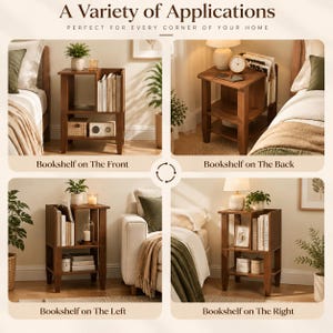 May include: A wooden side table with a multi-level design featuring an integrated vertical bookshelf compartment. The unit has an open shelf structure with four legs, shown in four different orientations labeled as Bookshelf on The Front, Back, Left, and Right.