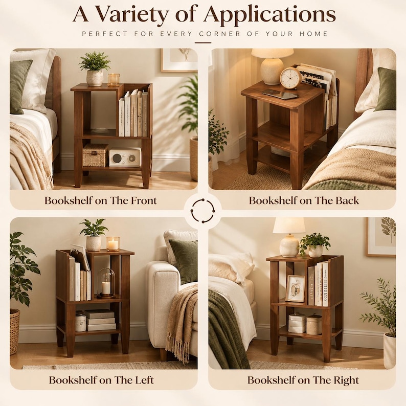 May include: A wooden side table with a multi-level design featuring an integrated vertical bookshelf compartment. The unit has an open shelf structure with four legs, shown in four different orientations labeled as Bookshelf on The Front, Back, Left, and Right.