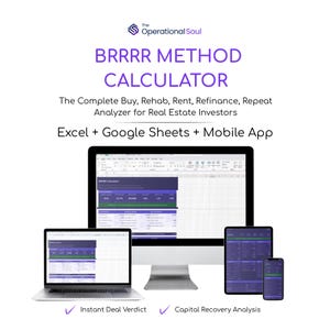 Może przedstawiać: Cyfrowy kalkulator inwestycji w nieruchomości wyświetlany na laptopie, monitorze komputera stacjonarnego, tablecie i smartfonie. Tekst brzmi "BRRRR METHOD CALCULATOR" i "The Complete Buy, Rehab, Rent, Refinance, Repeat Analyzer for Real Estate Investors."