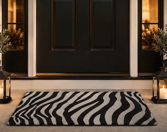 Paillasson imprimé zèbre | Tapis de bienvenue moderne noir blanc (70 x 50 cm)