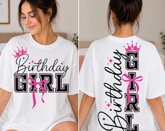 Retro verjaardag meisje shirt SVG, preppy coquette Bow SVG, voorkant achterkant verjaardag shirt, Cricut gesneden bestand, png