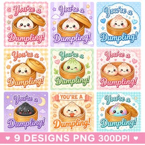 Puede incluir: Un conjunto de nueve pegatinas digitales cuadradas con dibujos de dumplings en vaporeras de bambú con el texto You're a Dumpling! Cada pegatina muestra un dumpling de diferente color, incluyendo blanco, verde, negro y arcoíris, con varios patrones.