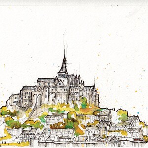 May include: A black and white ink drawing of Mont Saint-Michel, a historic abbey located on a tidal island in Normandy, France. The drawing depicts the abbey's iconic silhouette, with its towering spire and surrounding buildings, set against a white background with yellow watercolor splatter.
