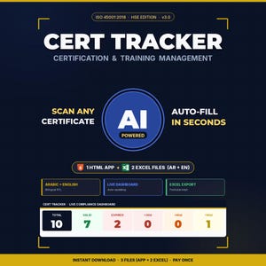 May include: A dark blue graphic with the text "CERT TRACKER" and "CERTIFICATION & TRAINING MANAGEMENT." Features include "SCAN ANY CERTIFICATE," "AI POWERED," and "AUTO-FILL IN SECONDS." Includes a live dashboard and excel export.