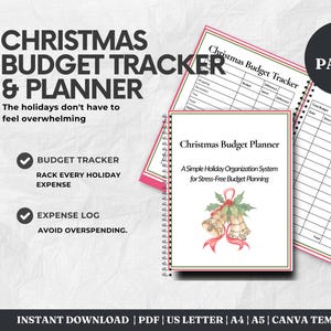Pianificatore di budget natalizio stampabile in PDF, strumento di monitoraggio del budget, strumento per monitorare le spese e i risparmi durante le festività, modello Canva, formato US Letter, A4, A5