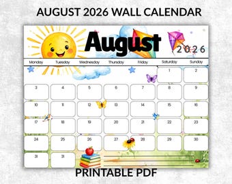 Augustikalender, 2026 barnutskrivbar PDF, månadskalender för barn, liggande US Letter, A4, 28 x 33 cm, måndag och söndag start