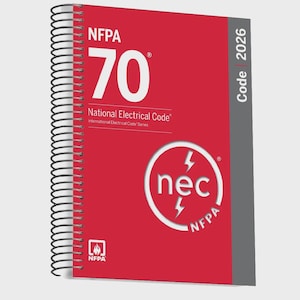 May include: A spiral-bound reference book with a red cover featuring the white text NFPA 70 National Electrical Code 2026. The cover includes a circular logo with the letters nec and two lightning bolt icons, plus the NFPA logo at the bottom.