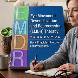 May include: A book titled "Eye Movement Desensitization and Reprocessing (EMDR) Therapy, Third Edition" is open on a wooden desk. The book is blue, green, orange, and purple. A person is writing in a notebook with a pen. A coffee mug and glasses are also on the desk.