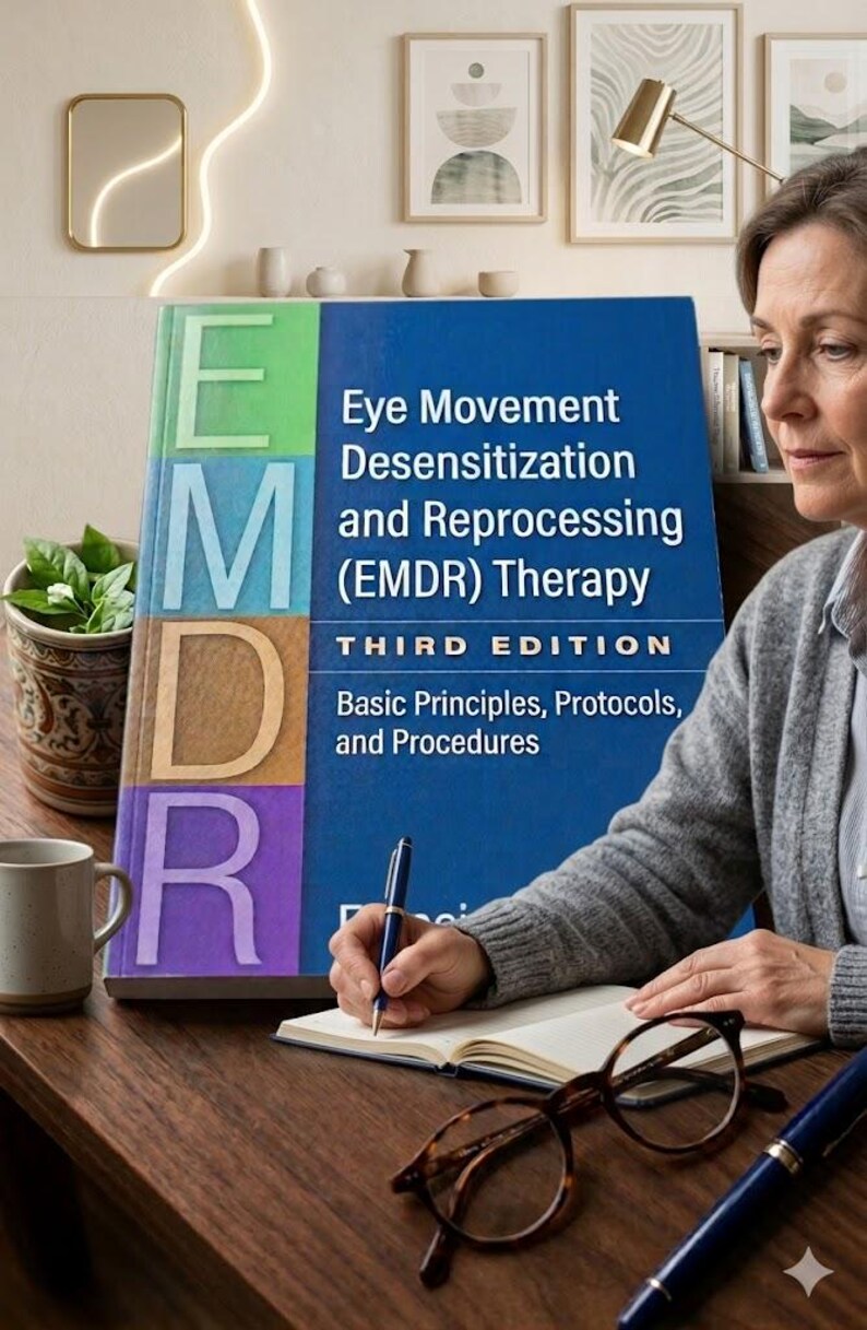 May include: A book titled "Eye Movement Desensitization and Reprocessing (EMDR) Therapy, Third Edition" is open on a wooden desk. The book is blue, green, orange, and purple. A person is writing in a notebook with a pen. A coffee mug and glasses are also on the desk.