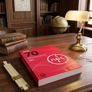 May include: A red "NFPA 70 National Electrical Code 2023" book with white text and a white "nec" logo, sits on a wooden desk. A slide rule and a brass desk lamp are also on the desk, with a globe and bookshelves in the background.