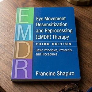May include: A book titled "Eye Movement Desensitization and Reprocessing (EMDR) Therapy" by Francine Shapiro. The cover is blue with the letters E, M, D, and R in green, gold, orange, and purple. The book is on a wooden surface.