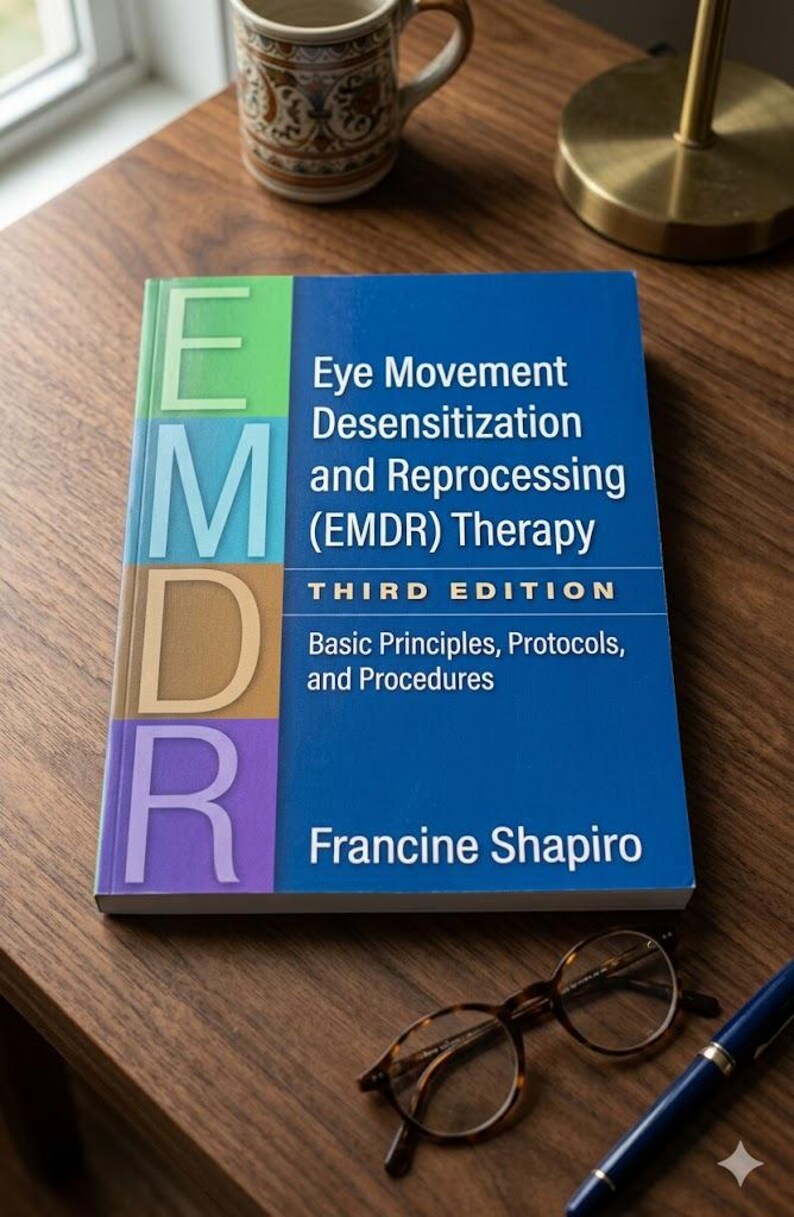 May include: A book titled "Eye Movement Desensitization and Reprocessing (EMDR) Therapy" by Francine Shapiro. The cover is blue with the letters E, M, D, and R in green, gold, orange, and purple. The book is on a wooden surface.