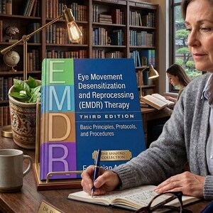 May include: A book titled "Eye Movement Desensitization and Reprocessing (EMDR) Therapy" stands on a desk. The book is blue, green, and purple. A woman writes in a notebook, with glasses and a pen nearby. A nameplate reads "Dr. Eliza Shapiro - Curator."
