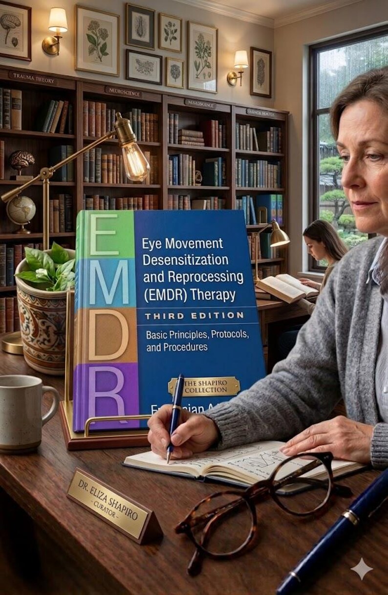 May include: A book titled "Eye Movement Desensitization and Reprocessing (EMDR) Therapy" stands on a desk. The book is blue, green, and purple. A woman writes in a notebook, with glasses and a pen nearby. A nameplate reads "Dr. Eliza Shapiro - Curator."