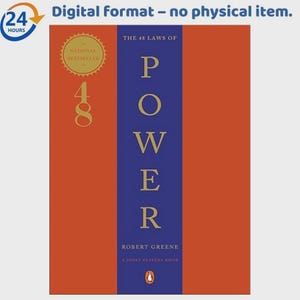 May include: A digital book cover for The 48 Laws of Power by Robert Greene. The design features a large orange background with a central vertical blue stripe. The title is written in gold capital letters, and a gold seal reads National Bestseller.