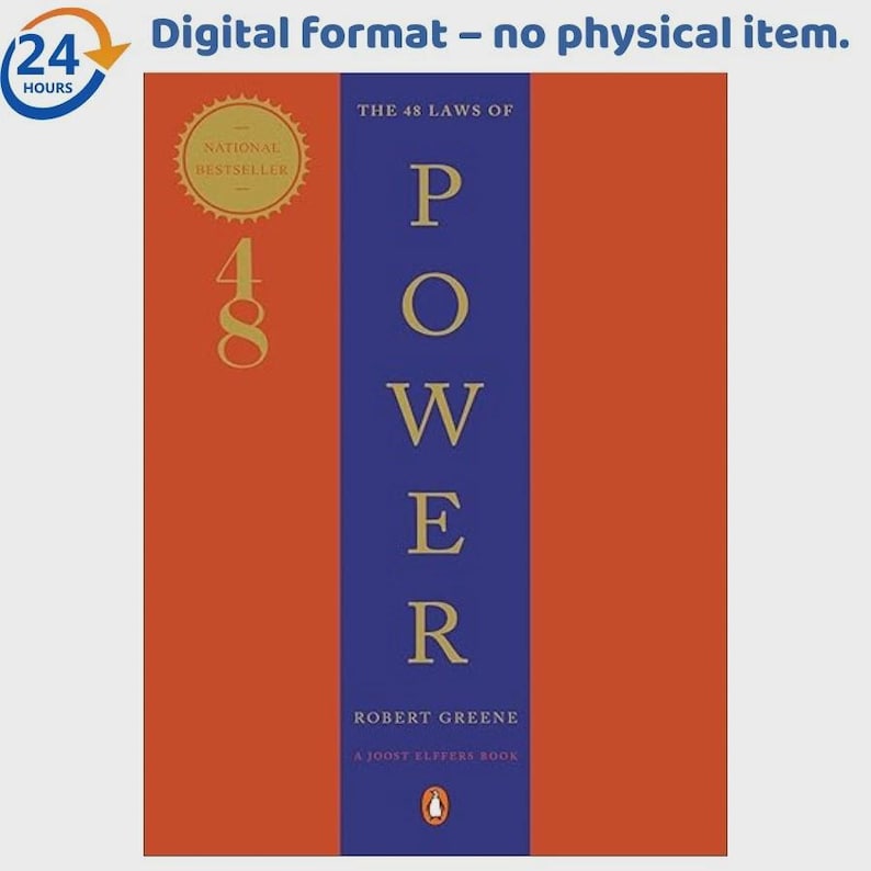 May include: A digital book cover for The 48 Laws of Power by Robert Greene. The design features a large orange background with a central vertical blue stripe. The title is written in gold capital letters, and a gold seal reads National Bestseller.