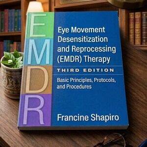 May include: A blue book titled "Eye Movement Desensitization and Reprocessing (EMDR) Therapy" by Francine Shapiro. The book is on a wooden surface with glasses and a pen. The background includes a bookshelf with the words "Academic Resources".
