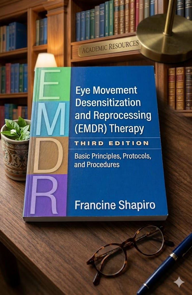 May include: A blue book titled "Eye Movement Desensitization and Reprocessing (EMDR) Therapy" by Francine Shapiro. The book is on a wooden surface with glasses and a pen. The background includes a bookshelf with the words "Academic Resources".