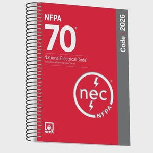 May include: A spiral-bound reference book with a red cover featuring the white text NFPA 70 National Electrical Code and the year 2026. The cover includes a circular logo with the letters nec and two lightning bolt symbols, plus the NFPA logo.
