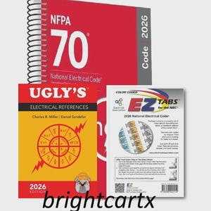 May include: A spiral-bound NFPA 70 National Electrical Code 2026 book, an Ugly's Electrical References 2026 edition book with a circular formula diagram, and a package of color-coded EZ Tabs for the 2026 National Electrical Code.
