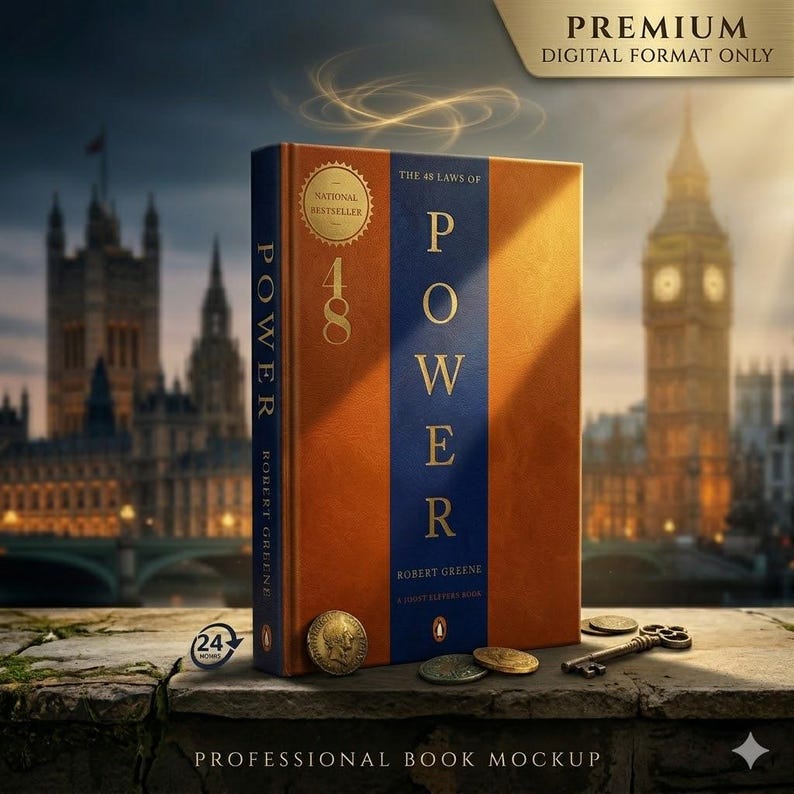 May include: A book titled The 48 Laws of Power by Robert Greene with an orange and blue cover. The cover features the text 48, a National Bestseller seal, and the author's name. A gold coin and a metal key rest on the stone surface in front of the book.