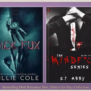 May include: Two book covers side-by-side. The left cover has the title "SICK FUX" in red, with a hand holding a compass. The right cover has the title "THE MINDF*CK SERIES" in red, with a person holding a bloody knife.