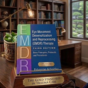May include: A book titled "Eye Movement Desensitization and Reprocessing (EMDR) Therapy" is displayed on a wooden stand. The book has a blue cover with green, purple, and white accents. The stand has a gold plaque that reads "THE GOLD STANDARD IN TRAUMA CARE".