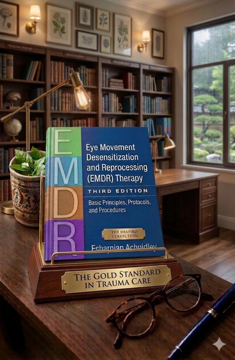 May include: A book titled "Eye Movement Desensitization and Reprocessing (EMDR) Therapy" is displayed on a wooden stand. The book has a blue cover with green, purple, and white accents. The stand has a gold plaque that reads "THE GOLD STANDARD IN TRAUMA CARE".
