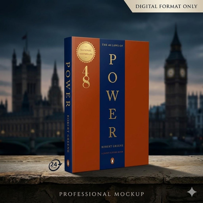 May include: A book titled The 48 Laws of Power by Robert Greene with a rust-orange and navy blue cover. The front features gold text, a gold National Bestseller seal, and the number 48. The spine displays the title and author in gold text.