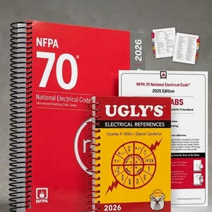 May include: A collection of electrical reference books and guides, including the "NFPA 70 National Electrical Code 2026 Edition" and "Ugly's Electrical References 2026 Edition." The books are red and yellow with black spiral bindings.