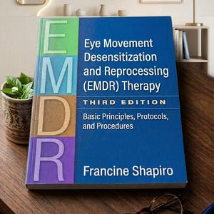 May include: A book titled "Eye Movement Desensitization and Reprocessing (EMDR) Therapy" with a blue cover. The book has the author's name, Francine Shapiro, and the words "Third Edition" on the cover. The book is on a wooden surface.