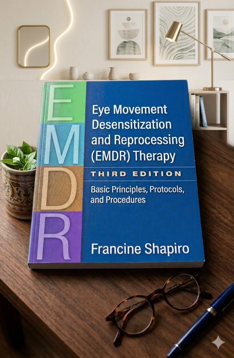 May include: A book titled "Eye Movement Desensitization and Reprocessing (EMDR) Therapy" with a blue cover. The book has the author's name, Francine Shapiro, and the words "Third Edition" on the cover. The book is on a wooden surface.