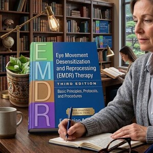 May include: A book titled "Eye Movement Desensitization and Reprocessing (EMDR) Therapy" is on a wooden desk. The book is blue with green, orange, and purple accents. A person is writing in a notebook with a pen. A mug and glasses are also on the desk.