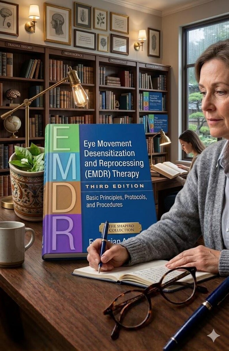 May include: A book titled "Eye Movement Desensitization and Reprocessing (EMDR) Therapy" is on a wooden desk. The book is blue with green, orange, and purple accents. A person is writing in a notebook with a pen. A mug and glasses are also on the desk.