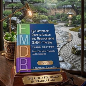 May include: A book titled "Eye Movement Desensitization and Reprocessing (EMDR) Therapy" is displayed on a wooden stand. The book has a blue cover with white text and a green, orange, and purple spine. The stand has a gold plaque that reads "THE GOLD STANDARD IN TRAUMA CARE".