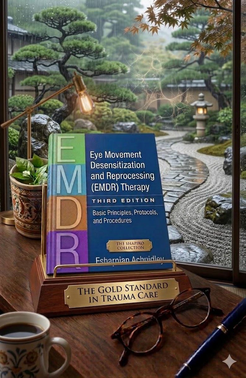 May include: A book titled "Eye Movement Desensitization and Reprocessing (EMDR) Therapy" is displayed on a wooden stand. The book has a blue cover with white text and a green, orange, and purple spine. The stand has a gold plaque that reads "THE GOLD STANDARD IN TRAUMA CARE".