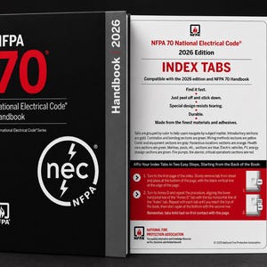 May include: A black NFPA 70 National Electrical Code 2026 Handbook next to a white instruction sheet for index tabs. The sheet features red, yellow, orange, green, blue, and gray color-coded tabs along the right edge with text instructions.