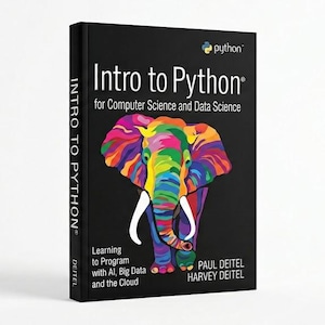 May include: A black textbook titled Intro to Python for Computer Science and Data Science by Paul Deitel and Harvey Deitel. The cover features a colorful, multi-hued elephant illustration and the Python logo. The spine also displays the title.
