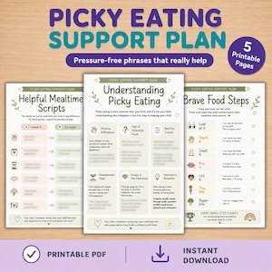 Puede incluir: Un conjunto de cinco páginas imprimibles titulado Picky Eating Support Plan, que incluye secciones sobre guiones útiles para las comidas, comprensión de la alimentación selectiva y pasos valientes con la comida. Los documentos contienen texto, iconos y listas para guiar a los padres con estrategias de apoyo.
